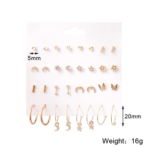 Detail showing 16 pairs of gold geometric earrings on white card with dimensions and weight