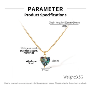 Macro detail of heart pendant necklace with dimensions and stainless steel chain specs