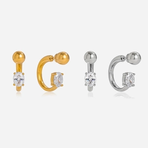 18K Gold Plated Stainless Steel Oval Rhinestone C-Hoop Stud Earrings For Women Lightweight Hypoallergenic Fashion Jewelry Gift