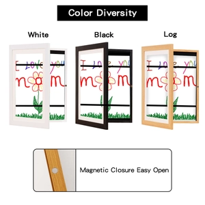 Magnetic closure detail of the children art frame in white, black, and log wood finish