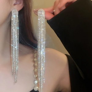 Luxurious silver long tassel earrings with sparkling rhinestones worn by a model