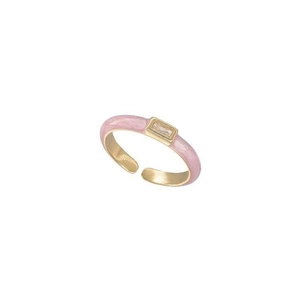 Pink enamel gold-plated open ring with rectangular zircon stone in a minimalist style