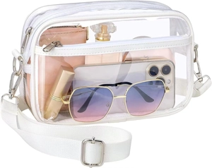 Detailed close-up of a clear PVC crossbody bag with white leather trim and metal zipper