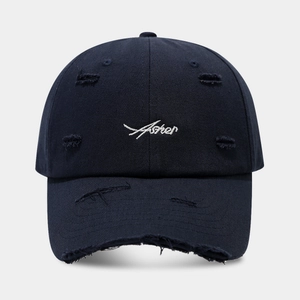 Navy blue distressed cotton baseball cap with vintage white cursive letter embroidery