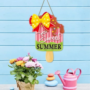 Plaque de porte Sweet Summer en forme de glace avec nœud et paillettes sur fond bleu clair