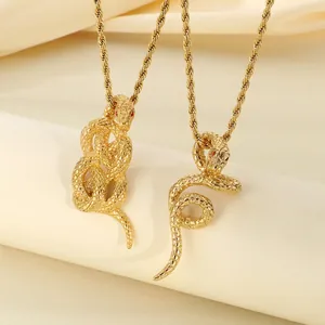 Stainless Steel Snake Pendant Necklace Gold Plated Red Gemstone Eyes Serpent Twisted Rope Chain Punk Hip Hop Jewelry