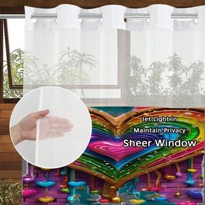 Dual-layer sheer window curtain with colorful heart print and metal grommets for privacy