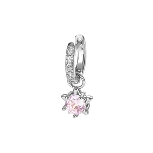 Silver star earrings with pink zircon pendant and crystal inlay on a white background