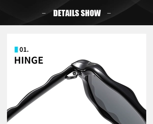 Detailed macro view of high-quality metal hinge structure on chic black rectangle sunglasses
