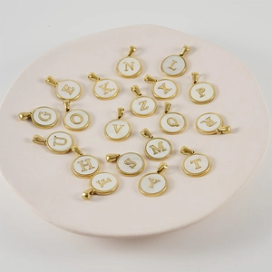 18K gold plated titanium steel round shell pendant necklace with initial letters
