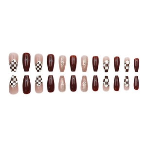 Long press-on nails with burgundy red, white checkered pattern and silver wave details