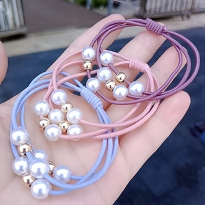 Elegant Korean Style High Elastic Hair Ties With Faux Artificial Pearls And Golden Beads Triple Strand Scrunchies For Women Girls