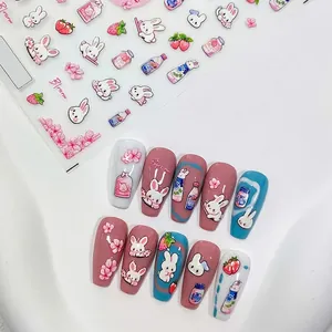 3D Relief Nagelkunst Aufkleber Süße Weiße Kaninchen Erdbeere Kirschblüte PET Selbstklebende Maniküre Abziehbilder