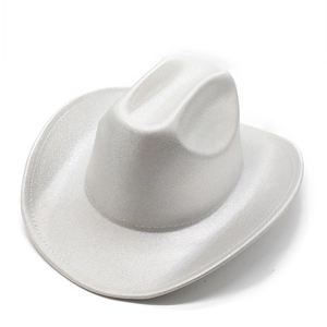 Macro view of pearlescent silver cowboy hat showing brim stitching and smooth finish