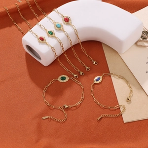 Vintage Stainless Steel Bracelet With Oval Colorful Gemstone Gold Plated Paperclip Link Chain For Women Retro Jewelry