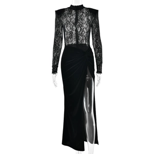 Sexy black lace long sleeve evening dress with high slit and velvet patchwork detail