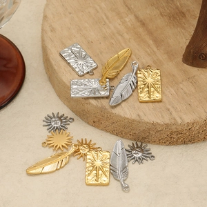 18k gold and silver plated feather and sun rectangular pendants for DIY jewelry sets