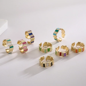Gold-plated adjustable open rings with colorful enamel drippings and zircon accents