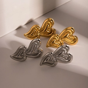 18K gold plated stainless steel layered heart drop earrings in gold and silver finish