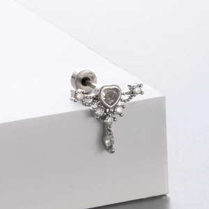 Silver titanium heart cubic zirconia stud earring with water drop dangle on white block