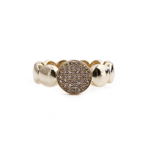 Modern gold-plated geometric ring featuring a paved crystal disc and textured beaded band