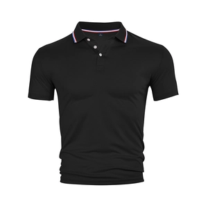 Detail of black polo shirt collar with iconic red white and blue striped ribbon trim