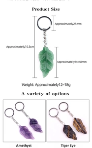 Detailed size specifications for leaf-shaped crystal quartz and agate keychain pendants