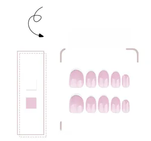 Short round French tip press-on nails with pink base and white crescent accents