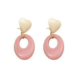 Sweet contrast resin heart stud earrings with oval pink drop pendants for women