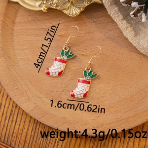 Detailed size view of festive red and white Christmas stocking earrings with rhinestones