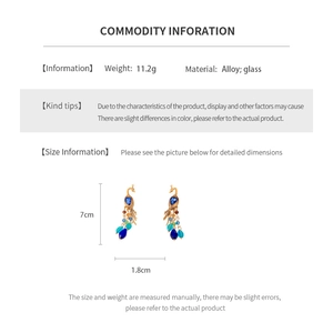 Detailed size specifications for peacock earrings made of alloy and glass crystals
