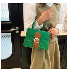 Détail du sac en cuir bicolore vert et marron avec texture croco et boucle D dorée