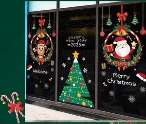 Detail of Santa and reindeer window static stickers with 2025 Happy New Year text