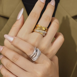 Chic 18k gold plated criss-cross braided ring with multi-row zirconia pave for women