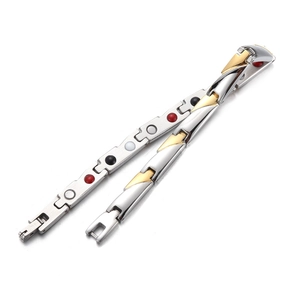 Minimalist silver titanium steel men's bracelet with magnetic stones on white background
