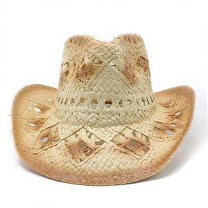 Handwoven vintage hollow straw cowboy hat with wide curved brim for sun protection