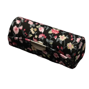 Vintage floral lipstick storage case with silver metal clasp and mirror for women