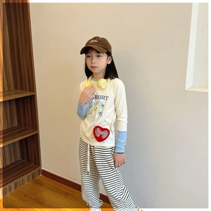 Kids casual outfit with heart butterfly crossbody bag and striped wide leg pants