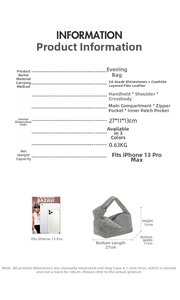 Size chart and capacity detail for the rhinestone evening bag with knotted handle