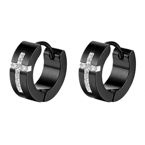 Detail of black metal hoop earrings featuring micro-pave cross design with clear cubic zirconia