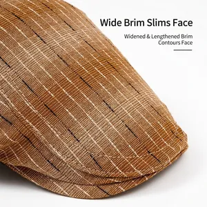 Brown striped newsboy flat cap with detailed woven texture and sturdy brim