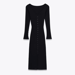 V-Neck Long Sleeve Rib-Knit Midi Dress Bodycon Button Down Slit Polyester Elegant Casual Sexy Women Slim Fit