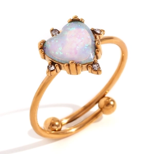 Adjustable 18K gold-plated stainless steel ring with heart-shaped opal and zircon stones