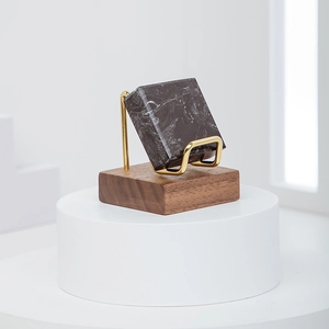 Minimalist mineral crystal display stand with black walnut base and marble cube ornament