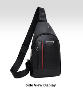 Detailed side view of black PU leather chest bag with red stripe and metal logo