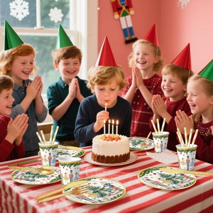 Christmas nutcracker party tableware set with paper plates and cups in festive setting