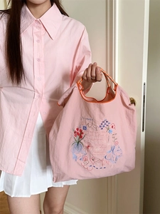 Sac fourre-tout rose brodé en tissu Oxford avec poignées tressées pour shopping et sorties