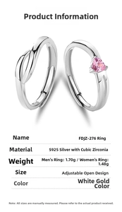 Detailed specs of S925 silver couple rings featuring a pink heart-shaped stone and cubic zirconia