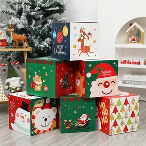 Cartoon Christmas gift boxes featuring Santa and Snowman in a cozy holiday home setting