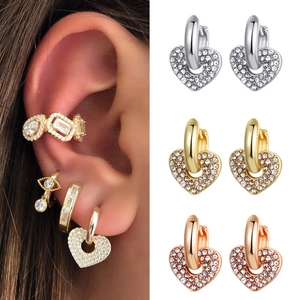 Heart Drop Huggie Hoop Earrings Copper Gold Plated Pavé Zirconia Dainty For Women Girls Jewelry